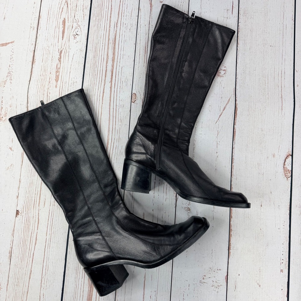 Bandolino Lament Black Leather Square Toe Block Heel Tall Boots Size 9.5M
